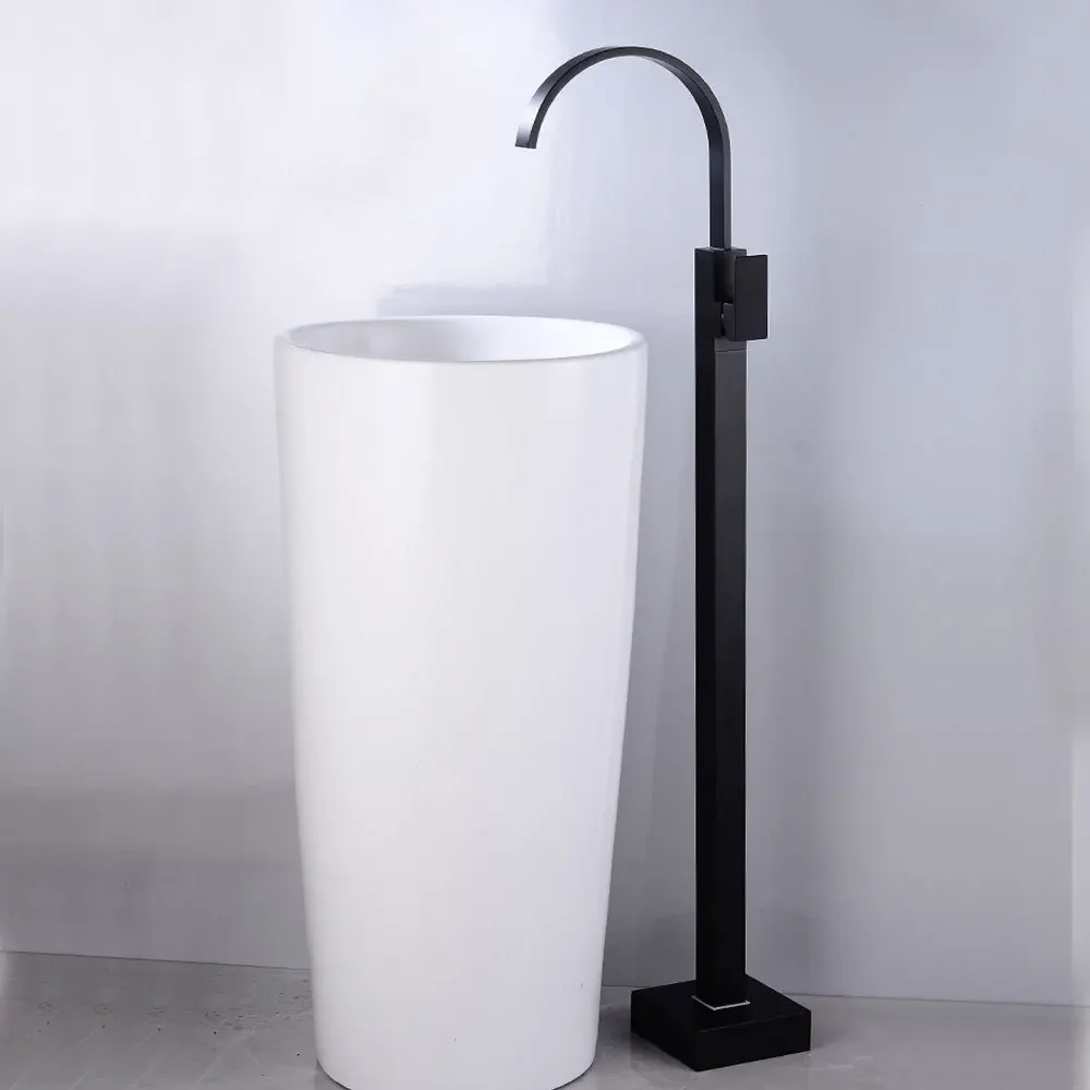 

Black Floor Standing Bathroom Faucet Tall Basin Bathub Cold And Hot Water Mixer Sink Tap Single Handle