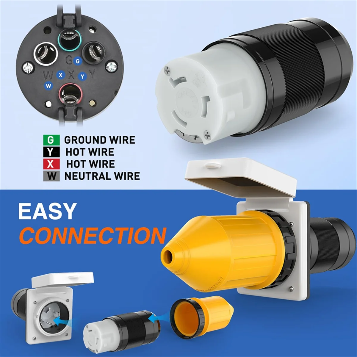 50AMP RV Power Cord Twist Lock Plug with Boot Locking Cover 125/250V Female Locking Shore Replacement Inlet