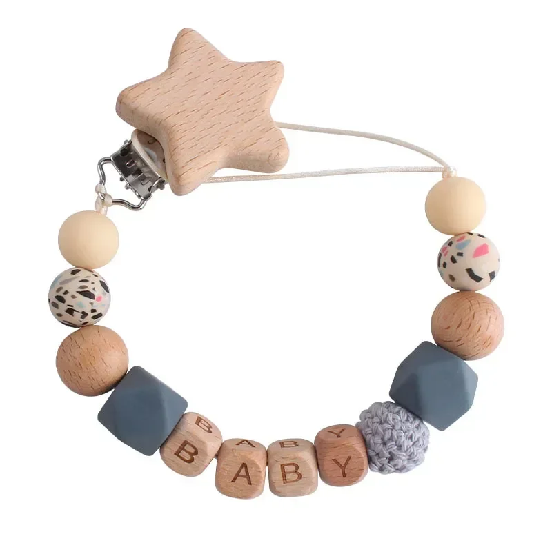 Custom Wooden Handmade Personalized Name Beech Letters Beads Pacifier Clips Chain Baby Teether Holder Bracelet Chew Nursing Gift