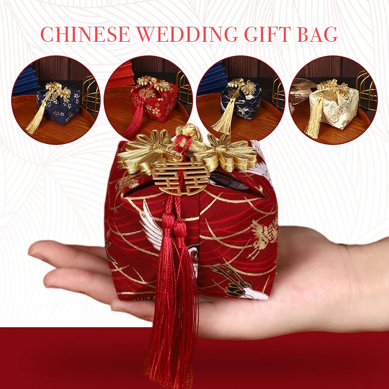 

5Pcs Retro Chinese Wedding Gift Bag Snack Candy Gift Bag Wedding Birthday Party Favors Drawstring Pocket Bag