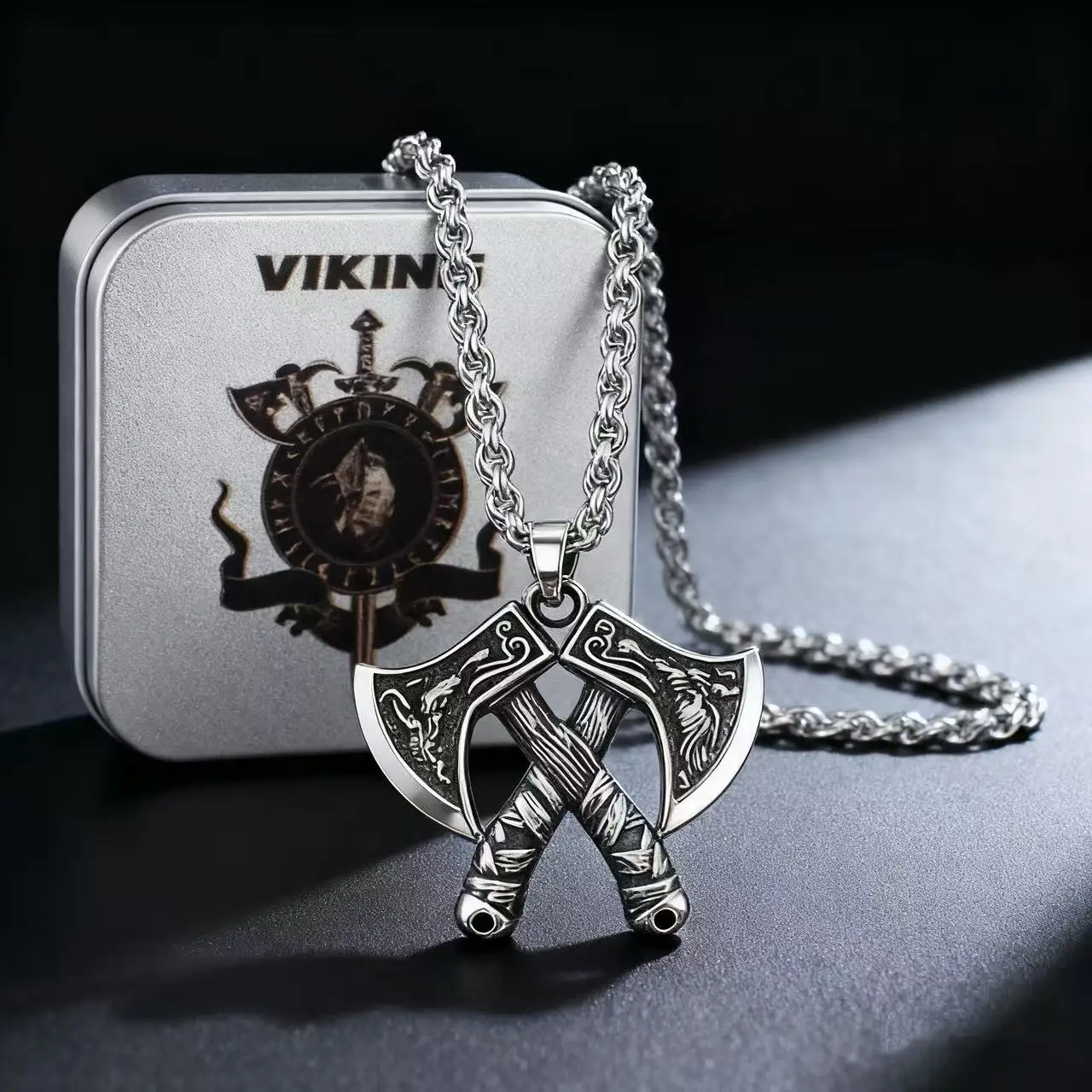 

316L Stainless Steel Viking Axe Pendant Chain Necklace For Men Jewelry Accessory Gift Box