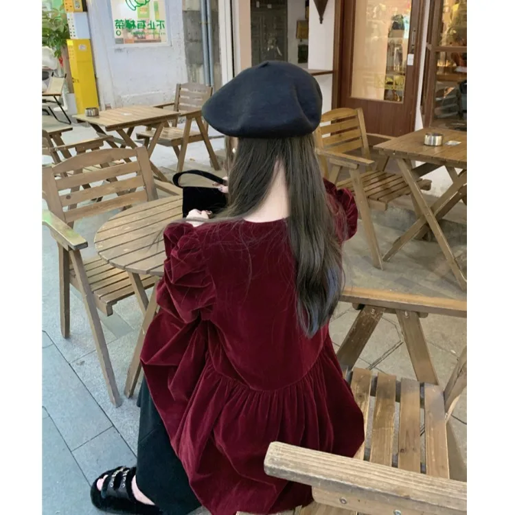 Cisas rouge velours irt femme bulle ample Sve rond Ne pull Ele plissé trajet Sle hiver Faion