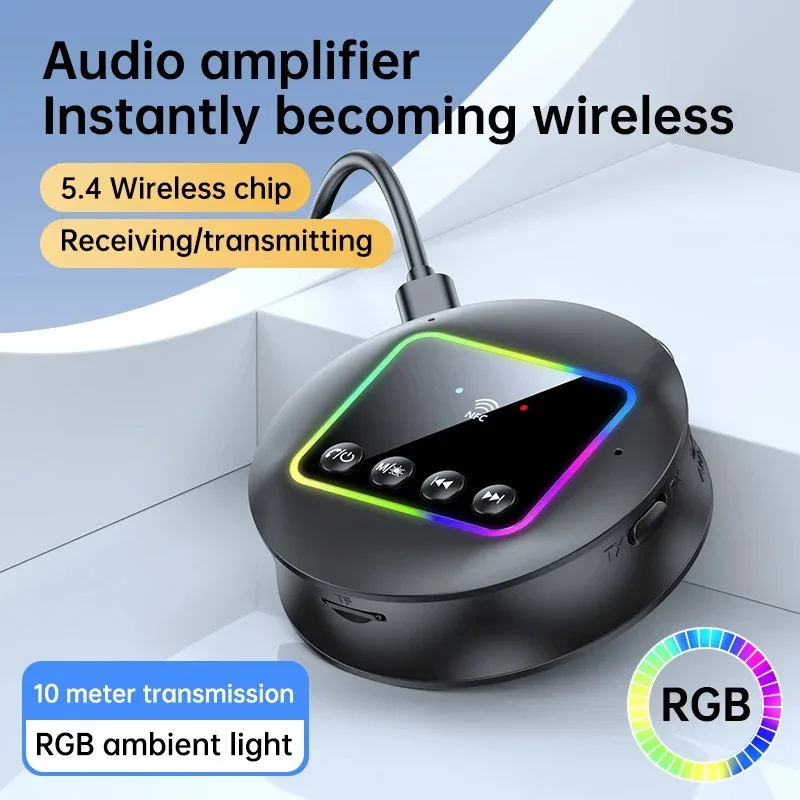 

VIKEFON Беспроводной аудиоприемник-передатчик Адаптер Bluetooth 5.4 AUX RCA TF-карта NFC Link RGB подсветка для автомобильного ТВ Активные динамики