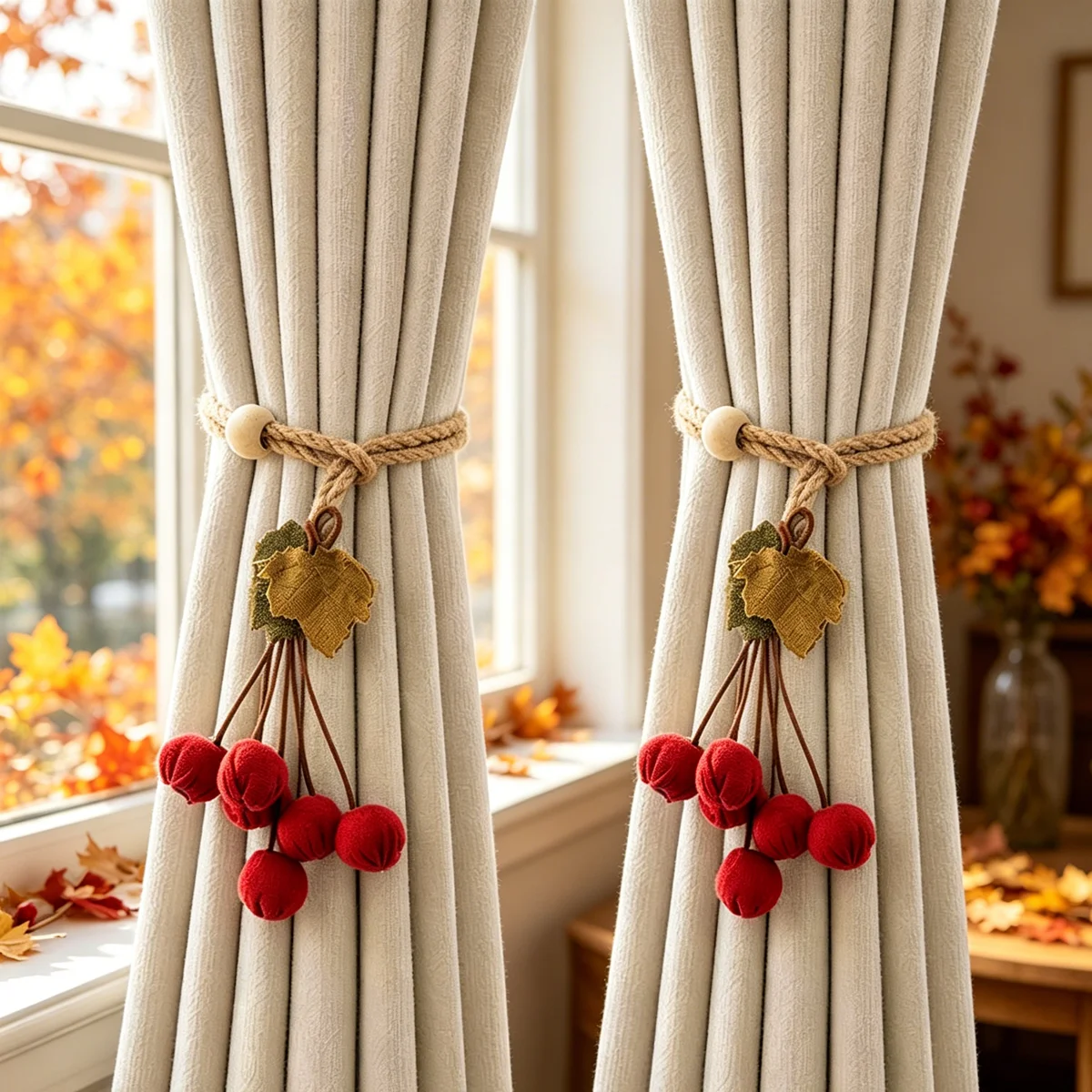 1 Pair Autumn Red Berry Maple Leaf Curtain Tiebacks, Linen Braided Wood Bead Drape Holdbacks for Farmhouse Fall Thanksgiving Win