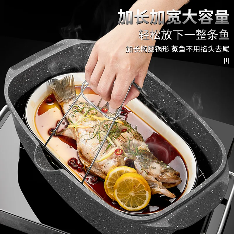 Household Large Maifan Stone Non Stick Potmultifunctional Oval Steamed Fish Pot Cooker Kitchen Chinese Style Steamer Pot