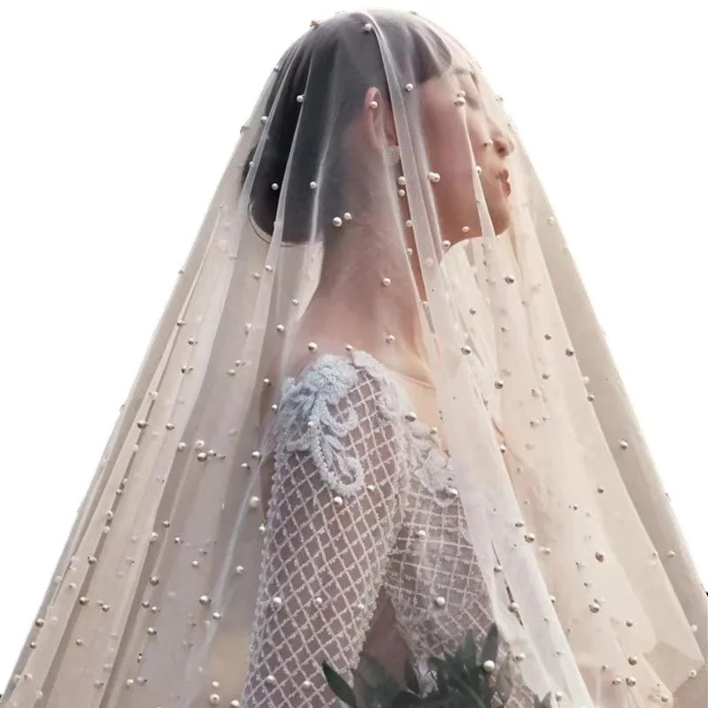 3 Colors Plus Size Length Long Tulle Mesh Bridal Wedding Veil Beading Pearls One Layer Veil Bride Accessories