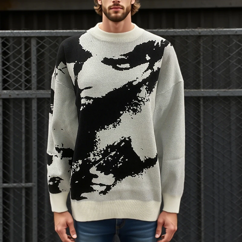 Nieuwe emo unisex Y2K streetwear patroon gebreide trui - retro zwart wit portret herfst en winter warme trui top