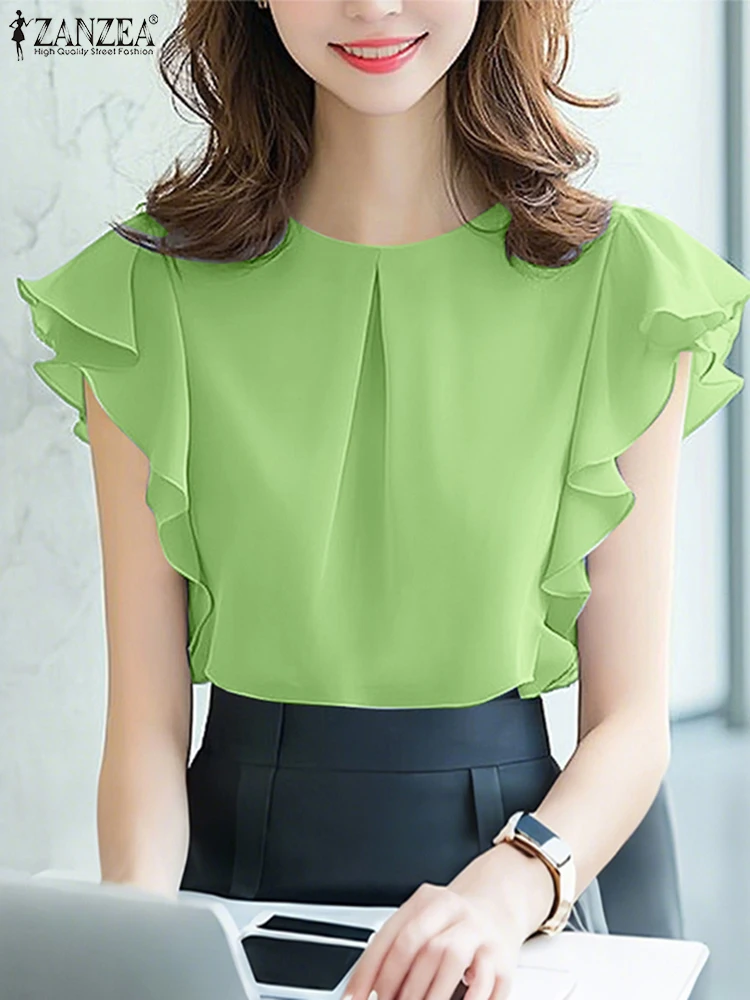 Stijlvolle Zomerblouse ZANZEA 2025, Elegant Office Shirt Vrouwen Korte Ruches Mouw Tuniek Tops Mujer Casual Solid O Hals Blusas