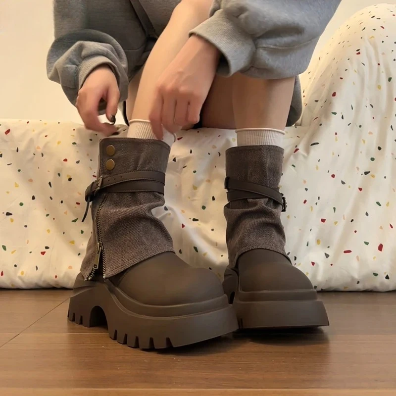 

Зимние женские ботильоны в стиле панк, модная обувь с пряжкой на ремне, женские лаконичные короткие ботильоны на массивном каблуке и платформе, Zapatos De Mujer