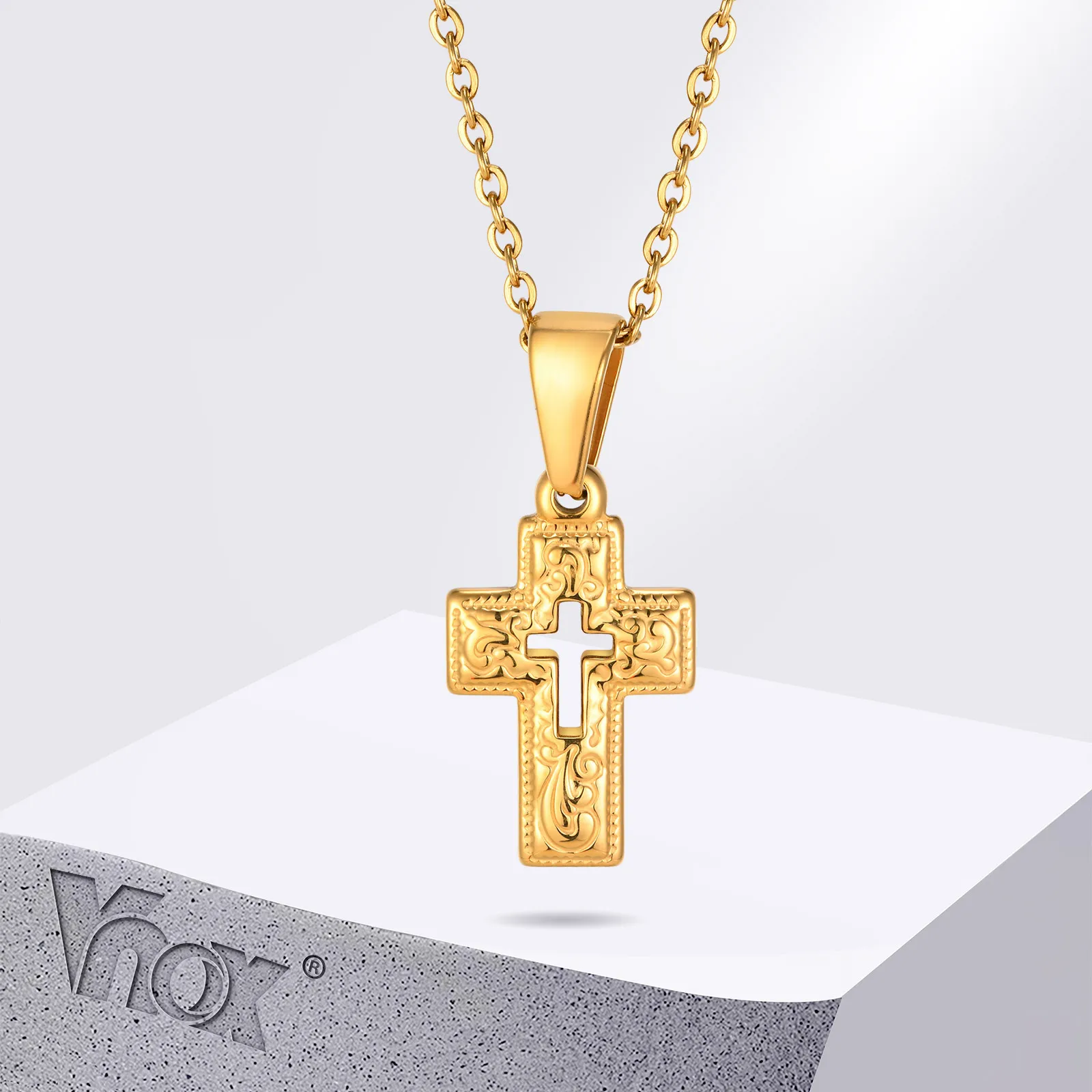 Vnox Cutout Unisex Cross Necklaces, Catholic Cross Pendant Christian Religious Jewelry Gifts, Gold Color Women Men Collar