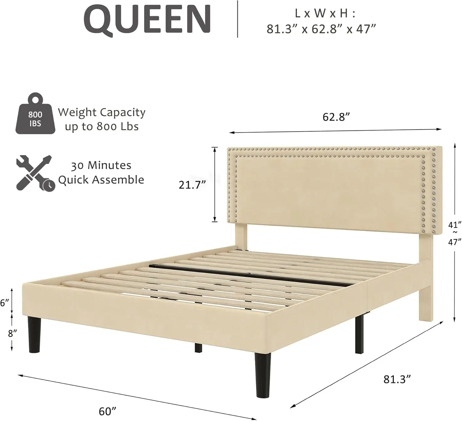 Queen Size Platform Bed Frame with Height Adjustable Upholstered Headboard, Modern Mattress Foundation,Strong Wood Slat