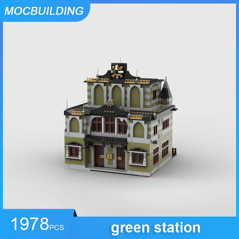 

Строительные блоки MOC, модель зеленого станции, поезд, архитектура, сделай сам, сборка кирпичей, образовательные креативные рождественские игрушки, подарки, 1978 шт.
