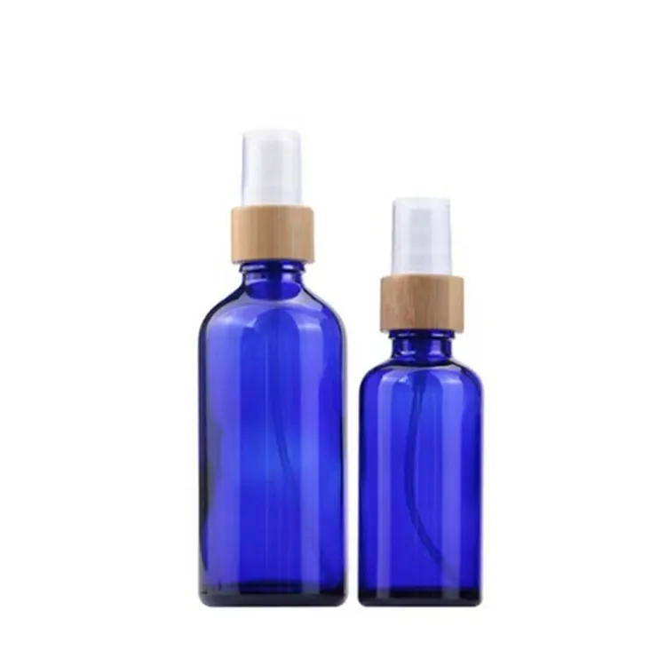 

5ml 10ml 15ml 20ml 30ml 50ml 100ml Blue Glass Refillable Empty Spray Bottle Bamboo Lid for Essential Oils Alcohol Perfume Contai