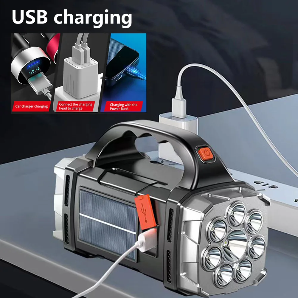 강력한 LED 손전등, USB + 태양열 충전식 손전등, COB 야외 캠핑 토치, 휴대용 탐조등, 야외 보조배터리