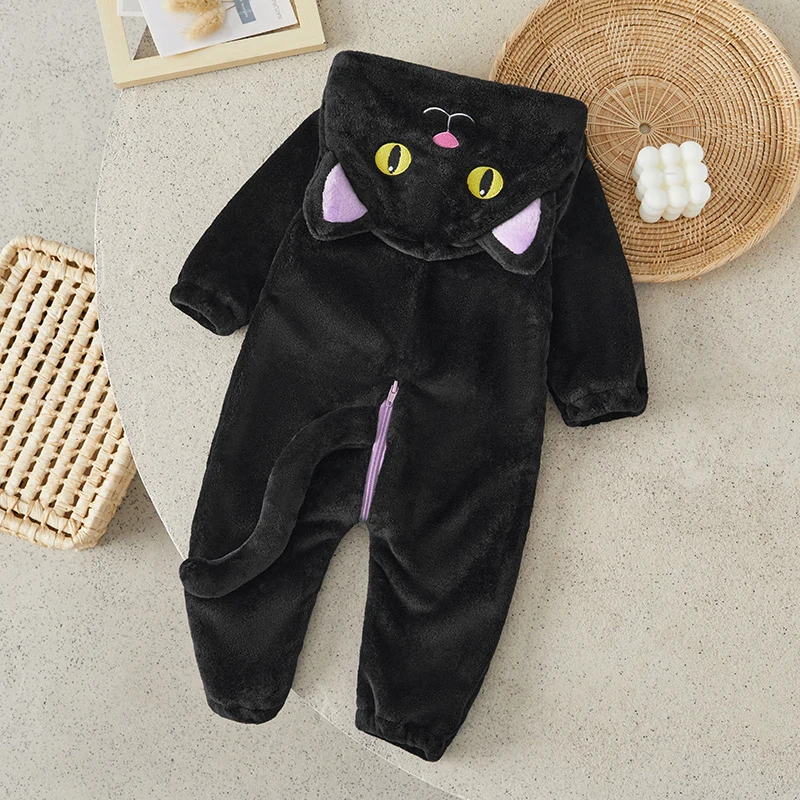 Suefunskry Toddler Baby Halloween Cosplay Jumpsuit, Long Sleeve Hooded Cat Zipper Closure Fall Romper Clothes for Boys Girls