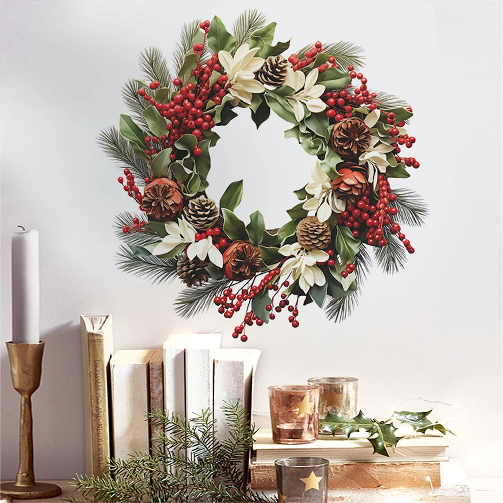 YOUZI Christmas Wreath Wall Stickers Colorful Thickened Self-adhesive Wall Decals Wallpaper New Year Merry Christmas Decoration