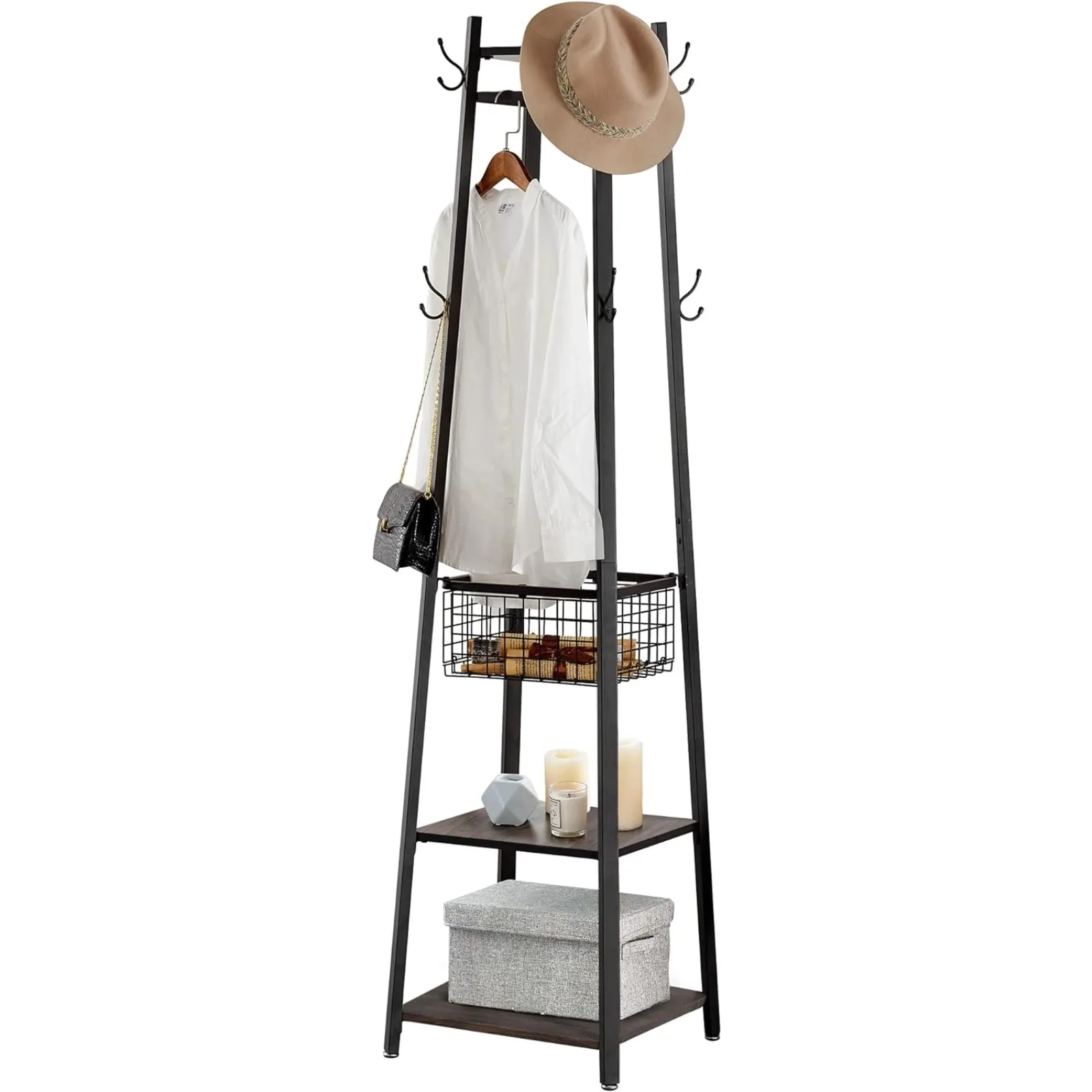 

US Coat Rack Freestanding,Hall Tree with Metal Basket and Storage Shelves