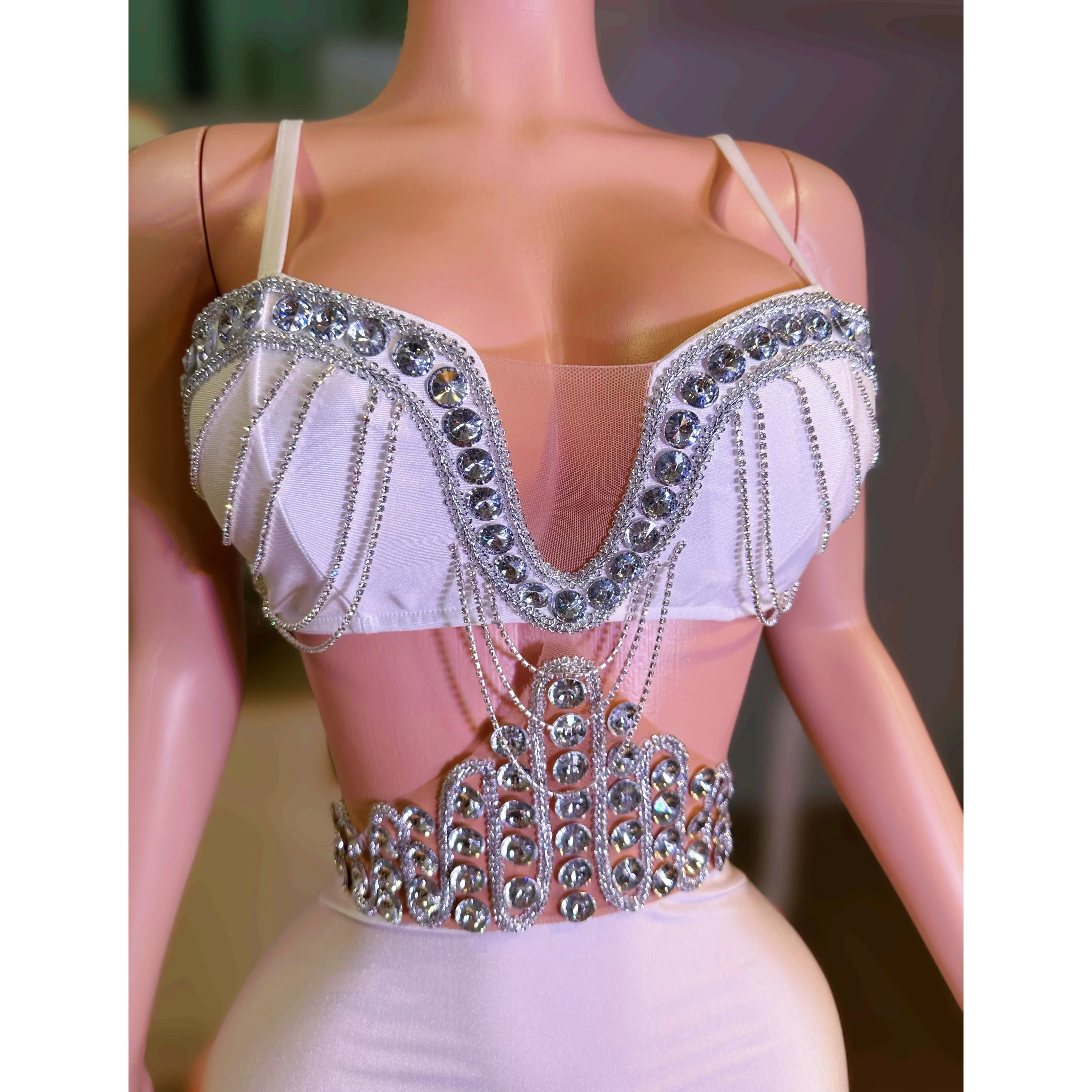 Femmes Sexy Mini robe Bar discothèque taille creuse dos nu strass chaîne robe courte fête d'anniversaire Club Concert scène Costume