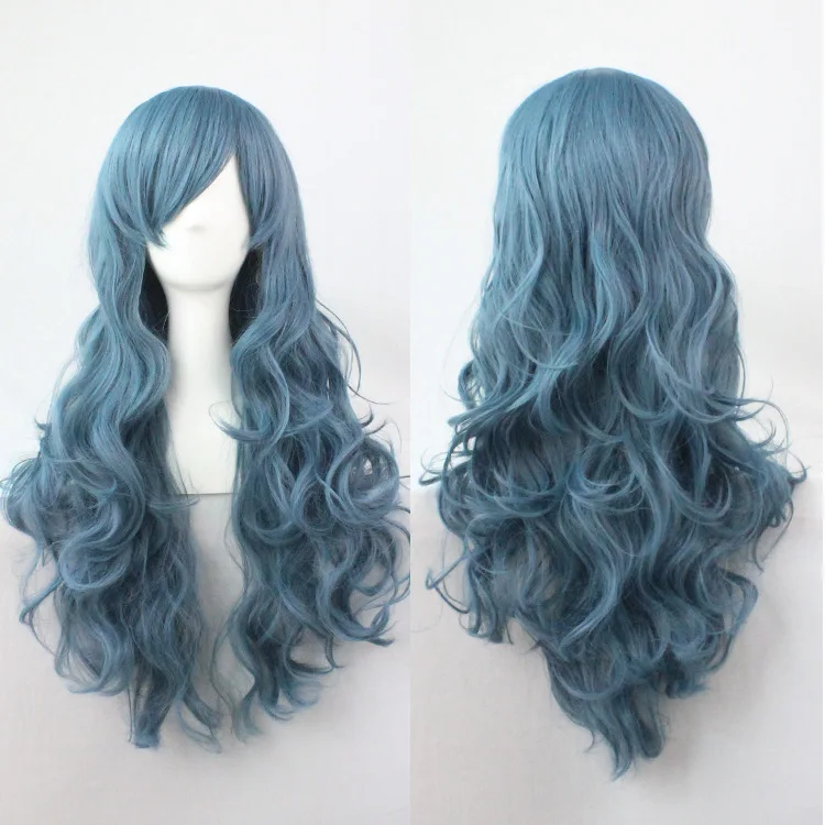 

High temperature silk smoke blue long curly hair full hood bangs wig women's big wave chemical fiber hood