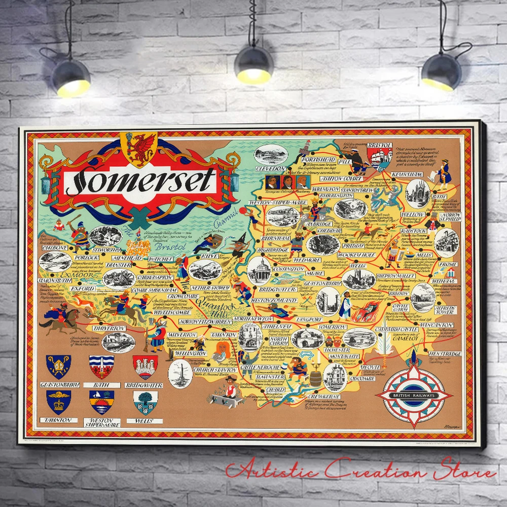 Vintage Map of Somerset South-West England Poster Artwork British Railways Canvas Painting Pictures Wall Art Home Decor Cuadros