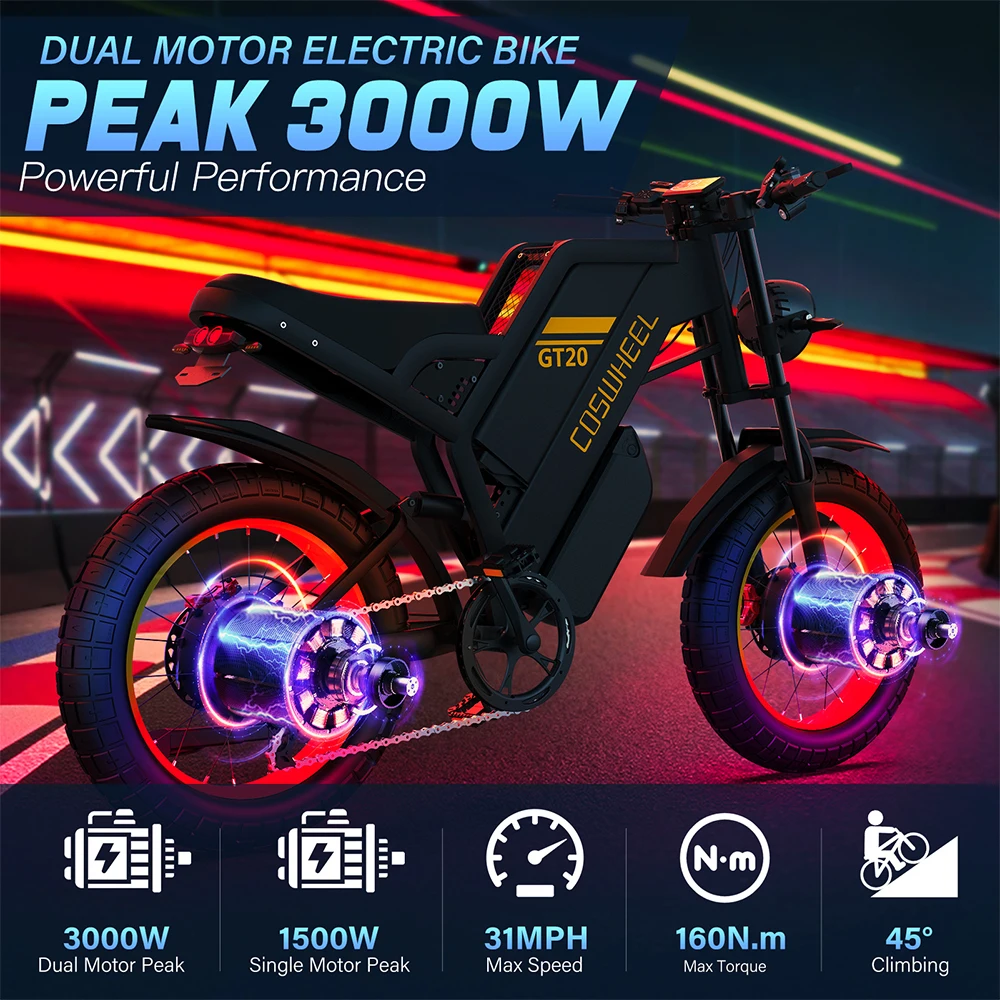 Coswheel Electric bike 3000W GT20 PRO Off Road Electric Motorcycle 48V 40AH Dual Battery Mountain bikes Fat Tires Ebike