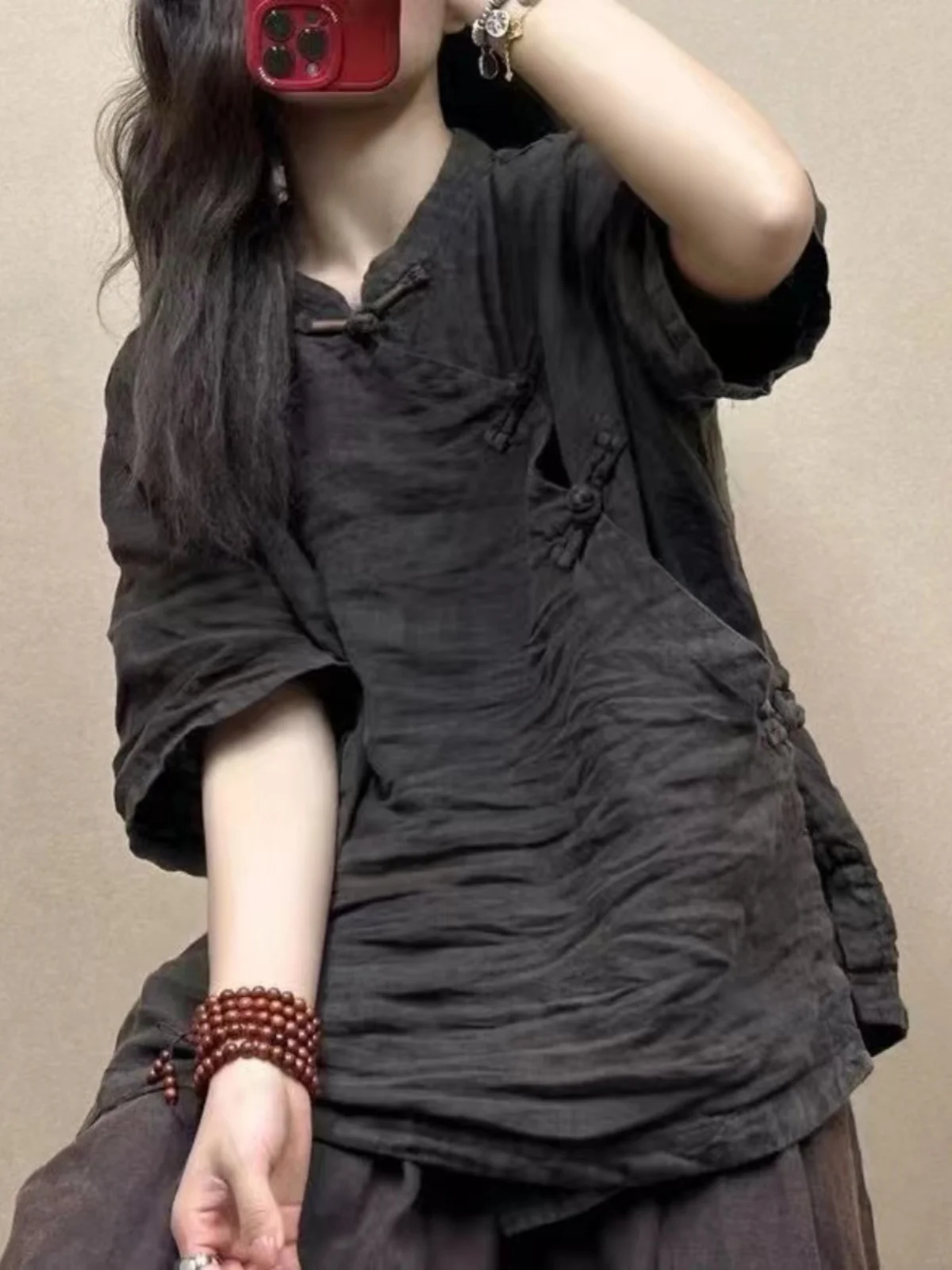 레트로 중국풍 여성용 면 린넨 여름 얇은 셔츠 버튼업 루즈핏 스탠드 칼라 단색 차 의상