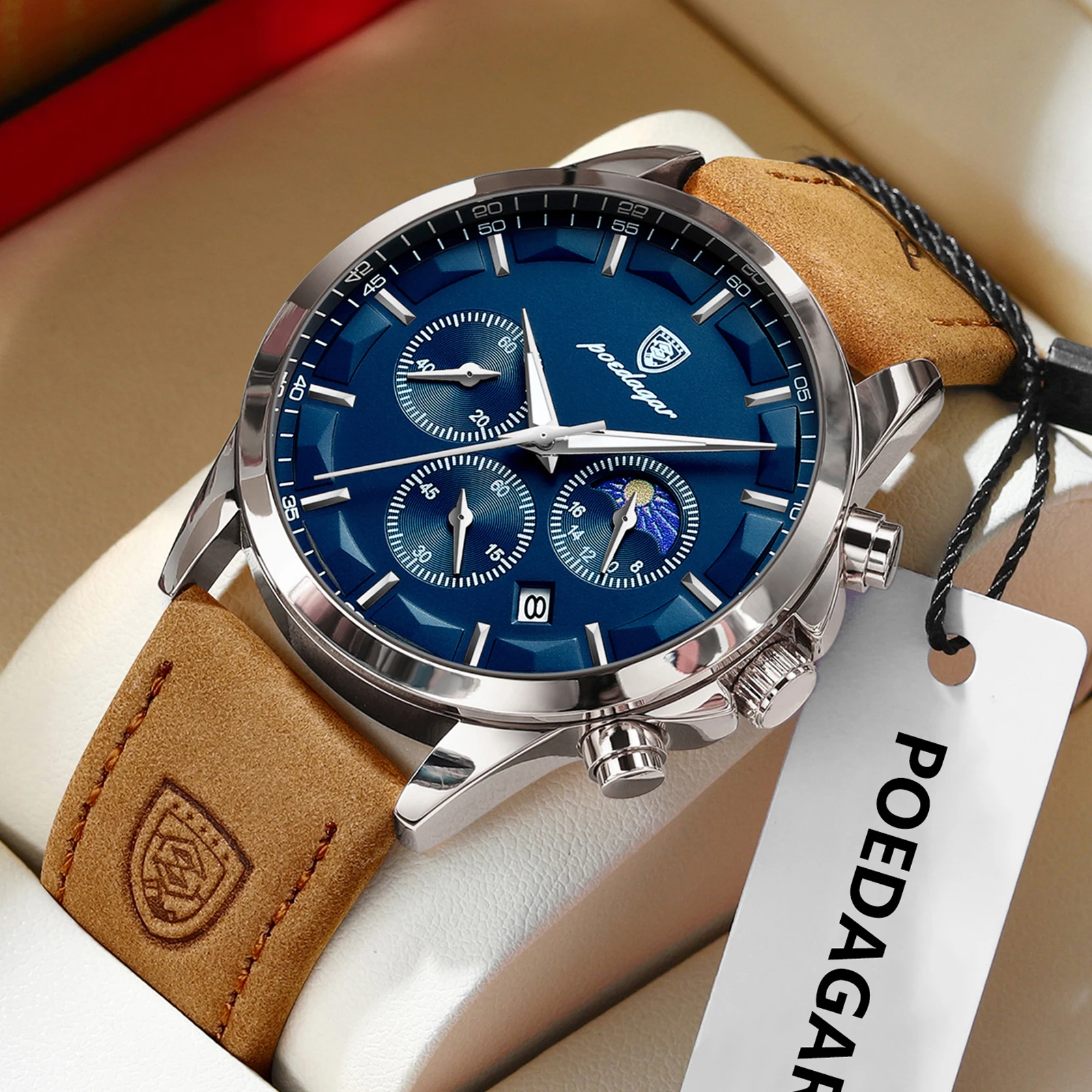 

POEDAGAR Роскошные военные мужские наручные часы, водостойкий хронограф, светящаяся дата, мужские часы, кожаные кварцевые спортивные мужские часы Reloj