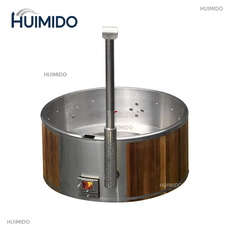 Chinese industrial design style outdoor cedar solid wood fired sauna hot tub spa stainless steel liner, suitable for 2-5