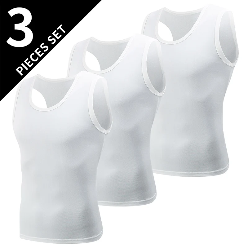 3-Piece Men\'s Sports Bottoming Wide Shoulder Vest Solid Color Classic Four Seasons Joker Sleeveless Slim Vest Youth Fitness Runn