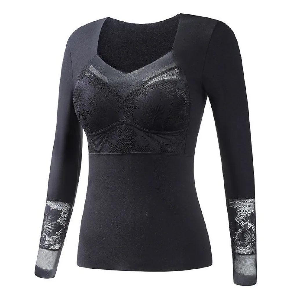 

Lace Women Thermal Clothes Mesh V Neck Invisible Thermal Underwear Feel Heating Lingerie Warmth Long Warm Top Undershirt
