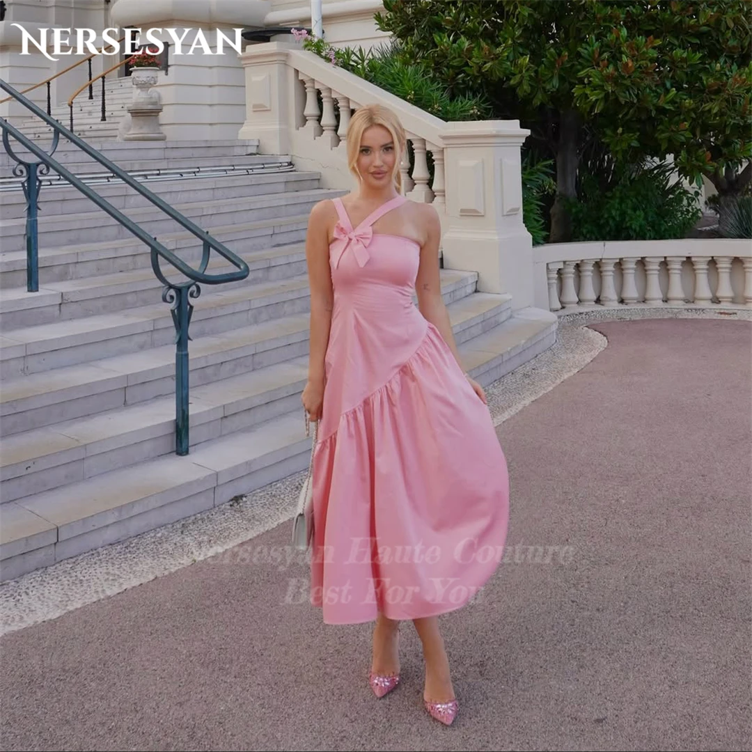

Nersesyan Fashion Pink Prom Dresses One Shoulder Satin Bow Formal Evening Dress Tea Length Sleeveless Party Gowns Customized