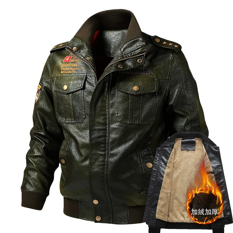 Men Classic Winter PU Leather Jacket Fleece Thicken Motorcycle Biker Outwear Windproof Wear-resistant Anti-wrinkle Overcoat