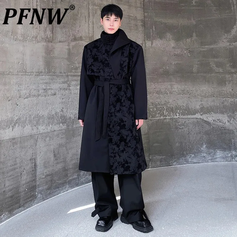 

PFNW Niche Design Men's Windbreakers Patchwork Jacquard Knot Button Casual Belt Male Long Woolen Overcoat Autumn 2024 9C3554