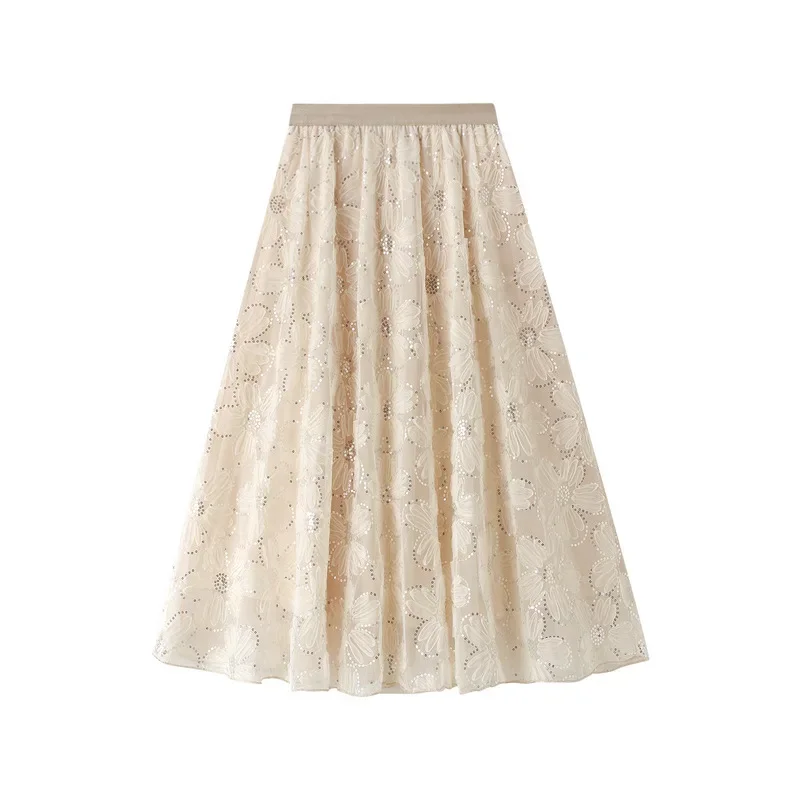2026 New Spring Summer For Women Lace High Waist Skirt Large Flowers A-line Skirt Sweet Elegant