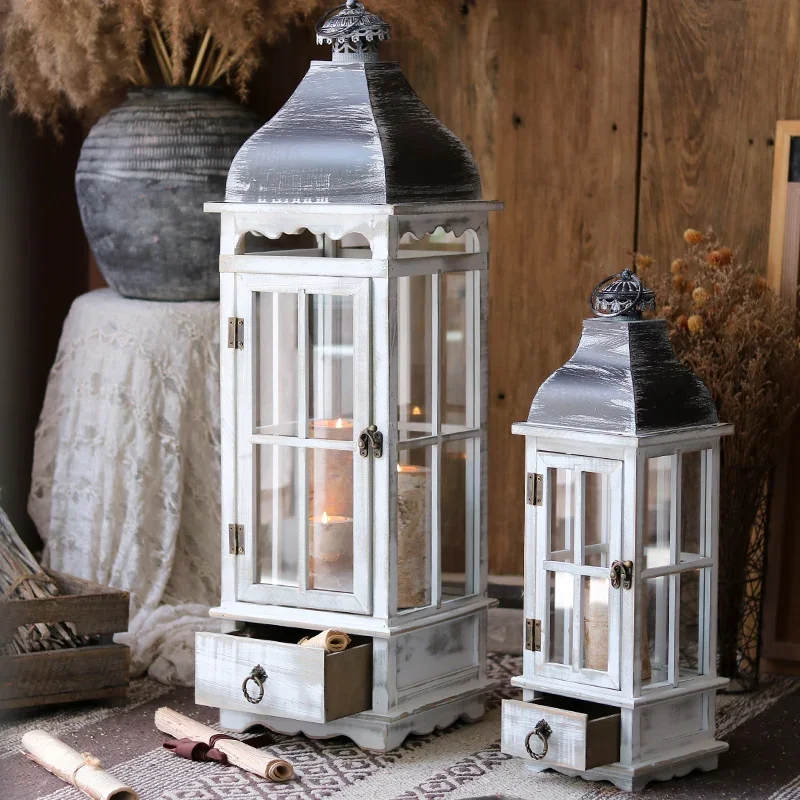 Solid Wood Floor Wind Lamp Glass Candlestick Home Decoration Decoration Shooting Scene Props Home Accessories