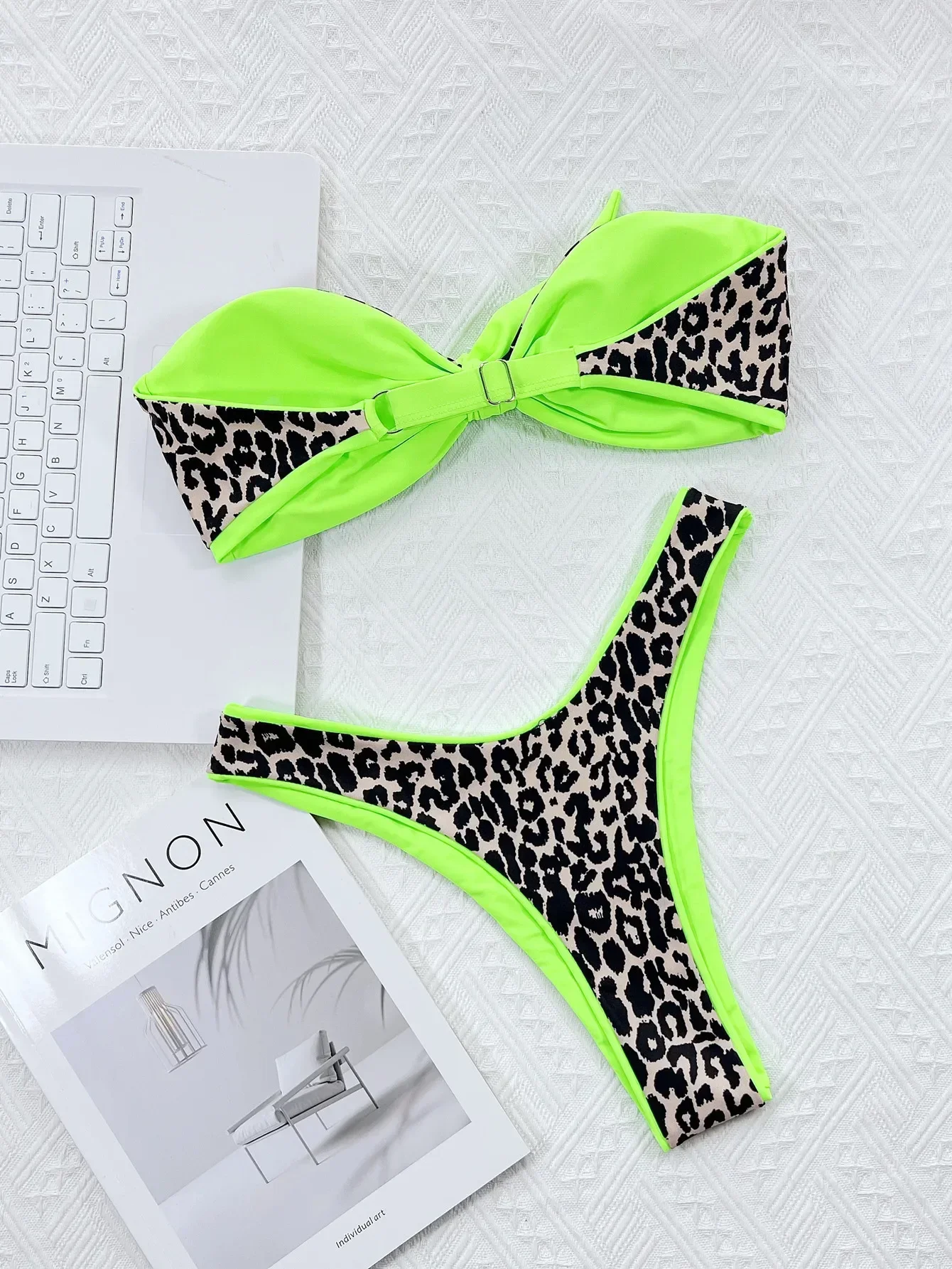 Leopard Print Bikini 2 Piece Swimsuit 2025 New Sexy Neon Green Color Contrast Bathing Suit Strapless Backless Bikini Set Summer
