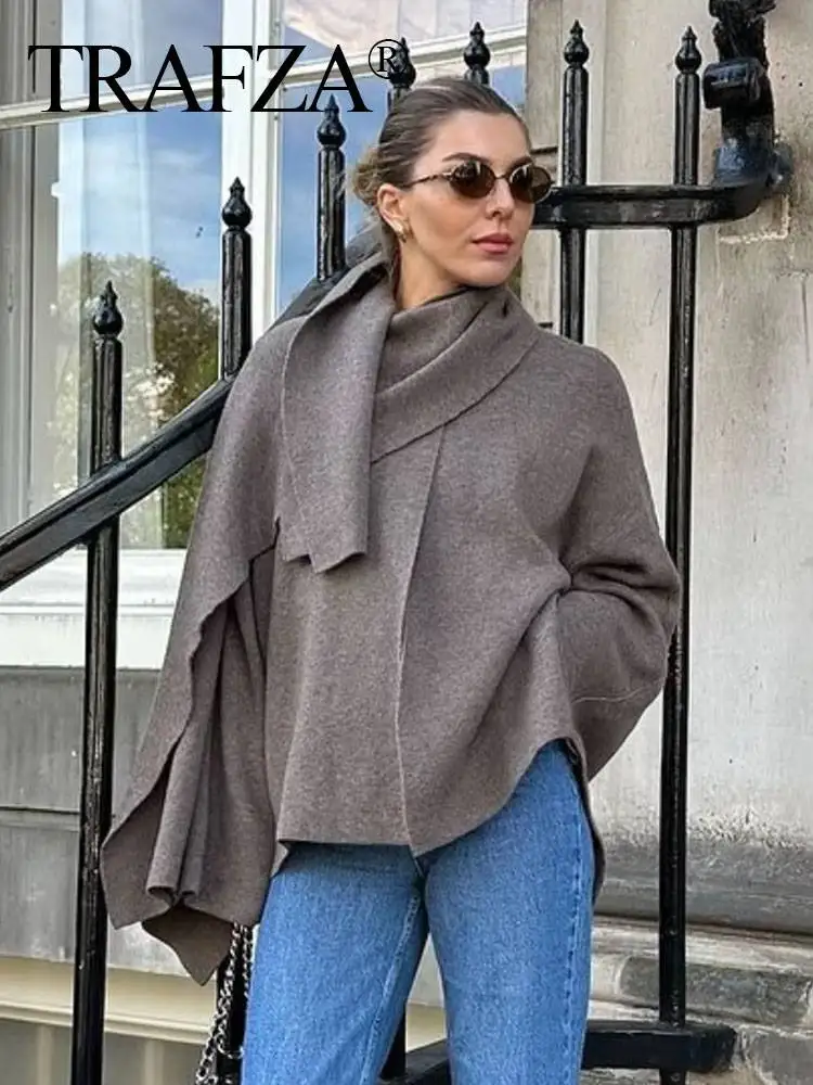 

TRAFZA Female Casual Asymmetrical Coats Solid O-Neck Long Sleeve Single Button Knitted Coat Autumn Jackets Woman 2024 Trendy