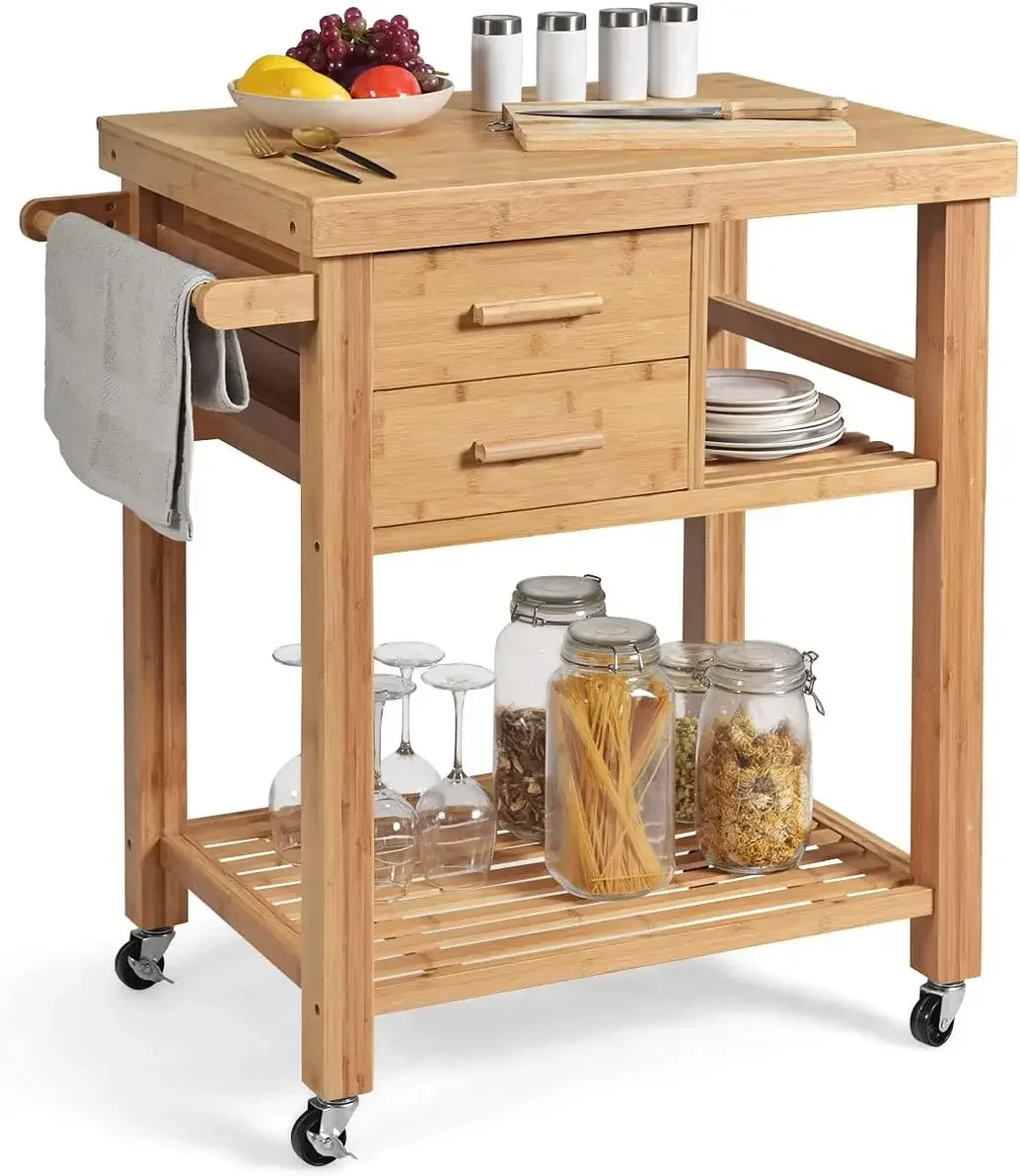 Bamboo Kitchen Cart with Drawers, Shelves, Towel Rack, Easy Assembly, Kitchen Cart