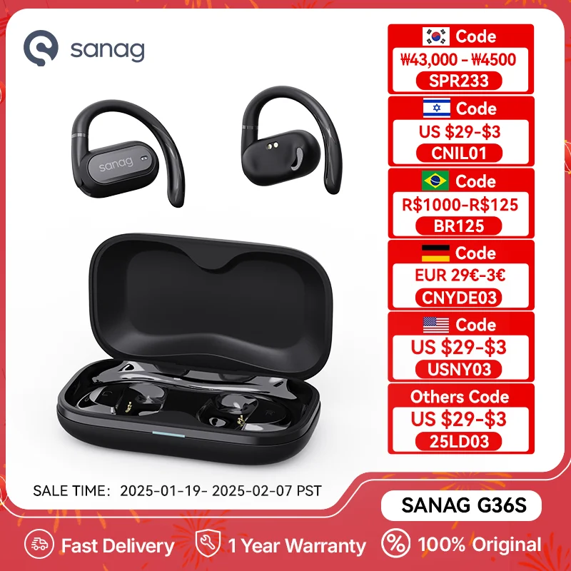 Sanag G36S Bluetooth 5.4 Headphones Open Ear OWS Wireless Earphone Sports Running Headset Hifi Sound Ear Hook TWS Earbuds