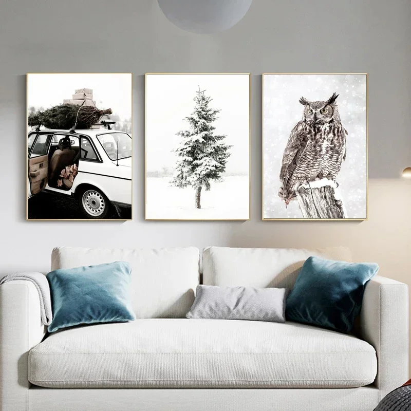Canvas Painting Nordic Morning Scenery Winter Snow Forest Deer Owl Sunlight Landscape Poster Art Print Wall Pictures Home Dec