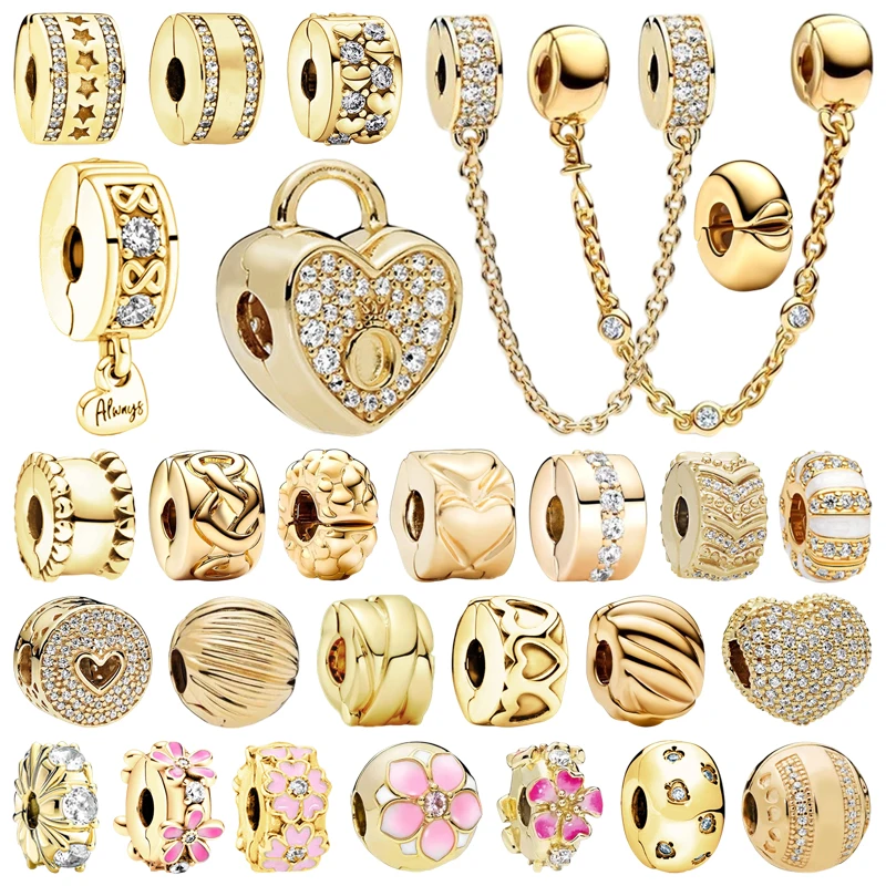 

Hot Sale Sparkling Gold Series Safety Chain Clip Flowers Clip Hearts Clip Charm Beads Fit Original Bracelets DIY Jewelry Gifts