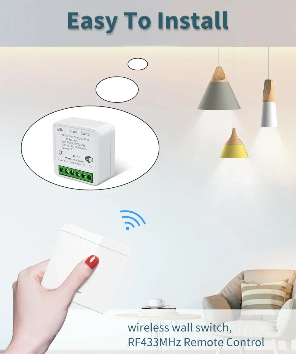 16A Tuya WiFi Smart Switch Mini-Relais-Empfänger Smart Home RF433 Lichtschaltermodul Kompatibel mit Smart Life Alexa Google Home Alice – Detail 3