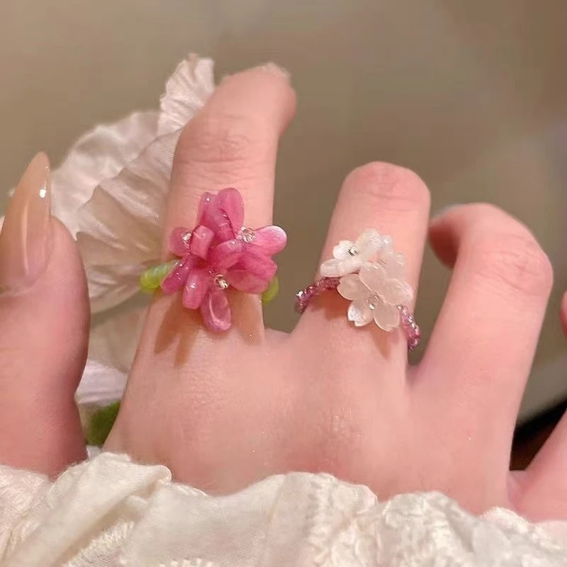Romantic Cute New Violet Flower Acrylic Ring Spring Summer Elastic Beaded Rings for Women Friends Charm Jewelry Accessories Gift