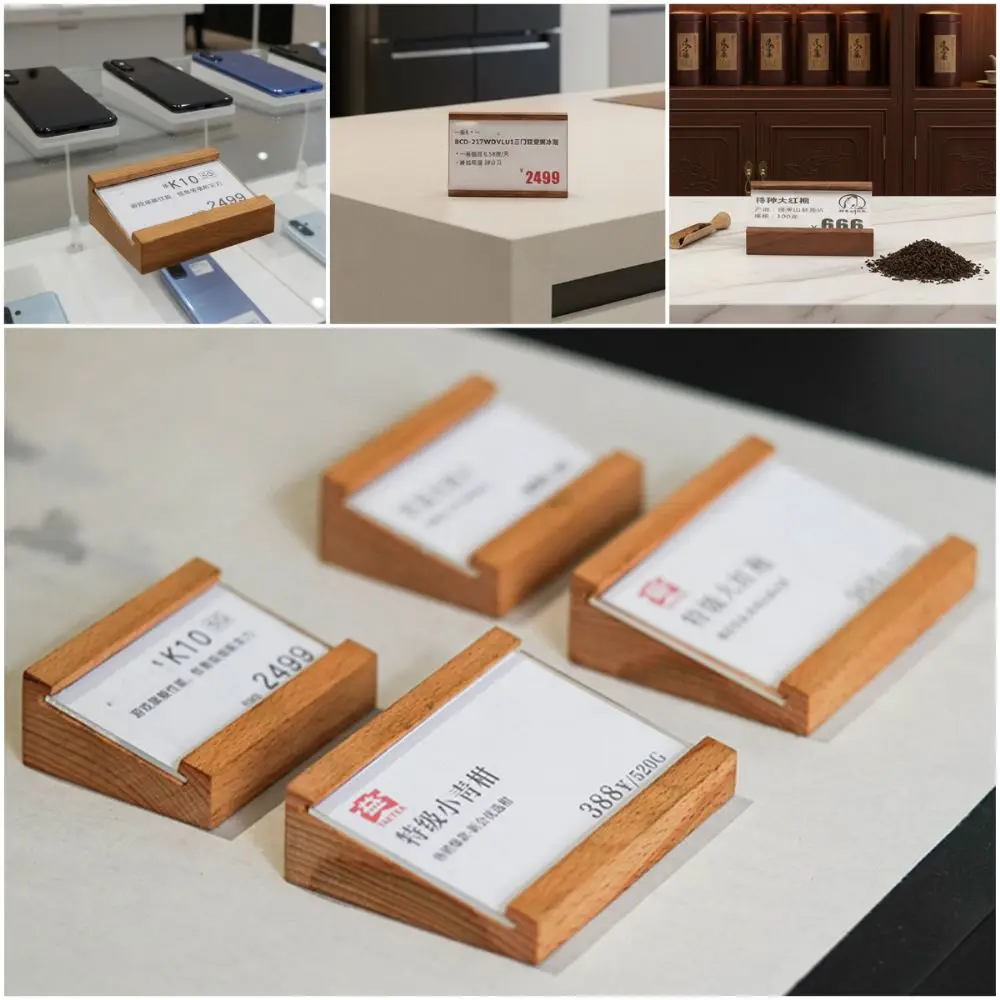 Creative Design Multi-size Price Tag Holder Kahki Coffee Sign Holder Label Stand Wood Base Name Card Tags Holder Watch Display