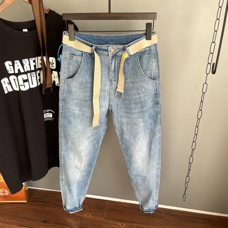 

Ультратонкие летние мужские джинсы свободного кроя, зауженные к низу, брюки-капри с несколькими карманами, средней посадкой, на молнии, с охлаждающим эффектом, в стиле Харадзюку