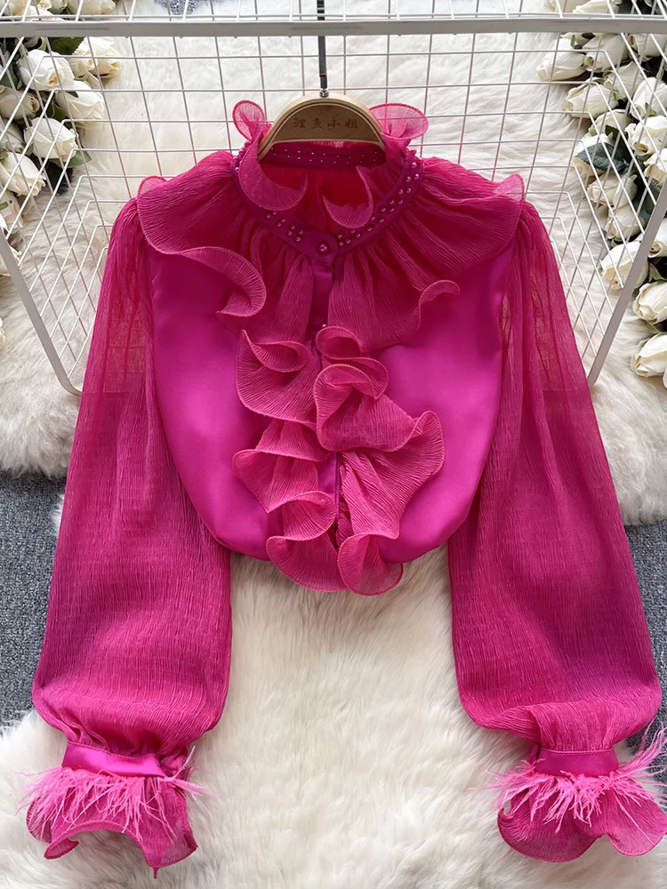 2024 Spring Autumn New Chiffon Shirt Women's Crimson Ruffle Edge Slim Fit Versatile French Bubble Sleeve Blouse Top A168