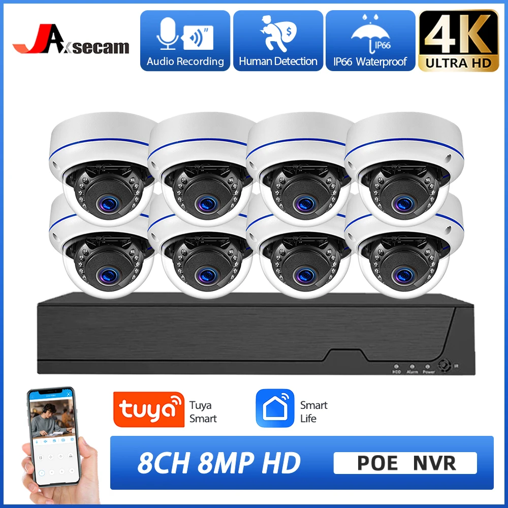 

TUYA 4K Ultra HD POE Video Surveillance System 8CH NVR Recorder With 8MP Security Camera CCTV Kit Audio Recording Dome Ip camera