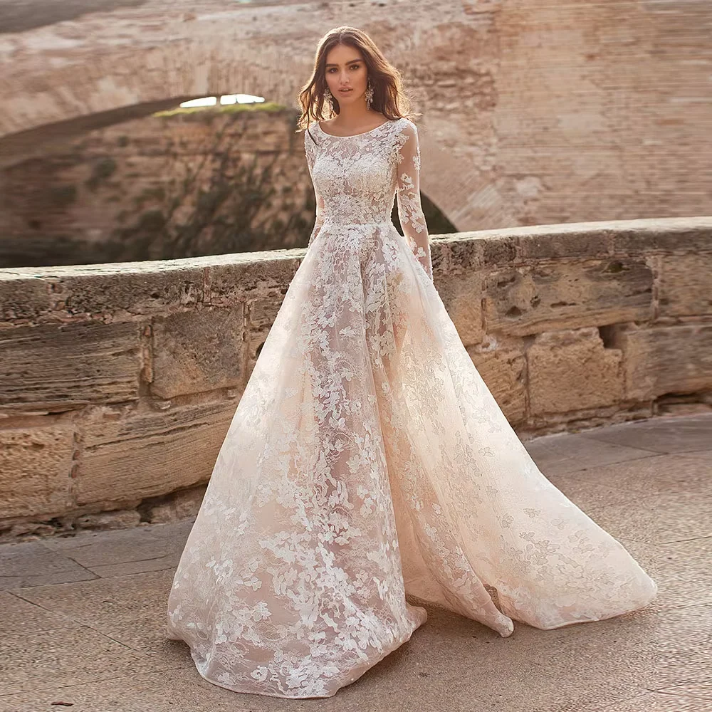 Long Sleeve Lace A Line Wedding Dress Boat Neck Floral Lace Appliques Champagne Lining Cathedral Train Bridal Gown Custom Size