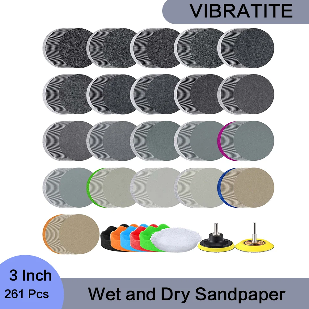 3 Inch Wet and Dry Sandpaper 261Pcs Assorted 60-10000 Grits with 1/4 Shank Backer Plate and Soft Foam Buffing Pads for Polishing