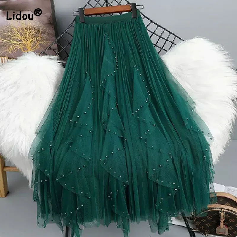 

Female Simplicity Fashion Beading Pleated Mesh Skirt Spring Autumn Women's Clothing Solid Elastic High Waist All-match Skirts